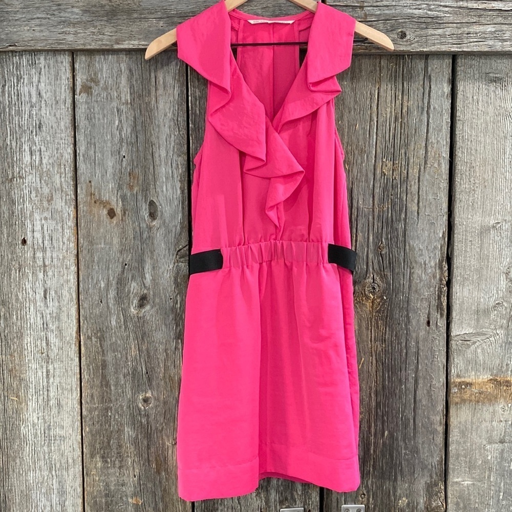 Rachel Roy Bright Pink Halter Ruffle Vneck Belted Mini Dress Pockets